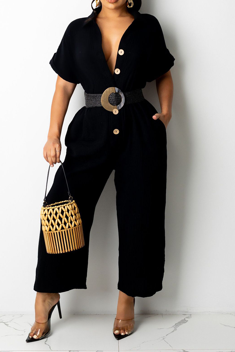 Casual Solid Split Joint Turndown Collar Straight Jumpsuits(Without Belt)