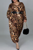 Fashion Print Leopard Basic V Neck Plus Size Jumpsuits