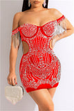 Fashion Sexy Patchwork Hot Drilling Hollowed Out Backless Off the Shoulder A Line Dresses