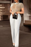 Sexy Elegant Solid Patchwork See-through Beading O Neck Regular Jumpsuits