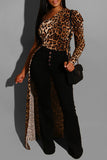 Sexy Print Leopard Split Joint Fold Asymmetrical Oblique Collar Dresses