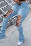 Casual Solid Hollowed Out Mid Waist Boot Cut Denim Jeans