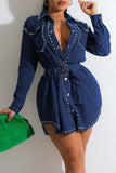 Casual Solid Rivets Split Joint Buckle With Belt Turndown Collar Long Sleeve Straight Denim Jacket