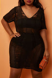 Fashion Sexy Solid Hollowed Out See-through V Neck Beach Plus Size Dresses
