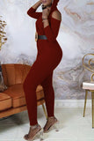 Fashion Casual Solid Hollowed Out V Neck Regular Jumpsuits (With Belt)