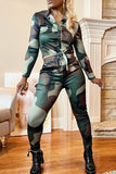Casual Camouflage Print Patchwork Turndown Collar Long Sleeve Two Pieces