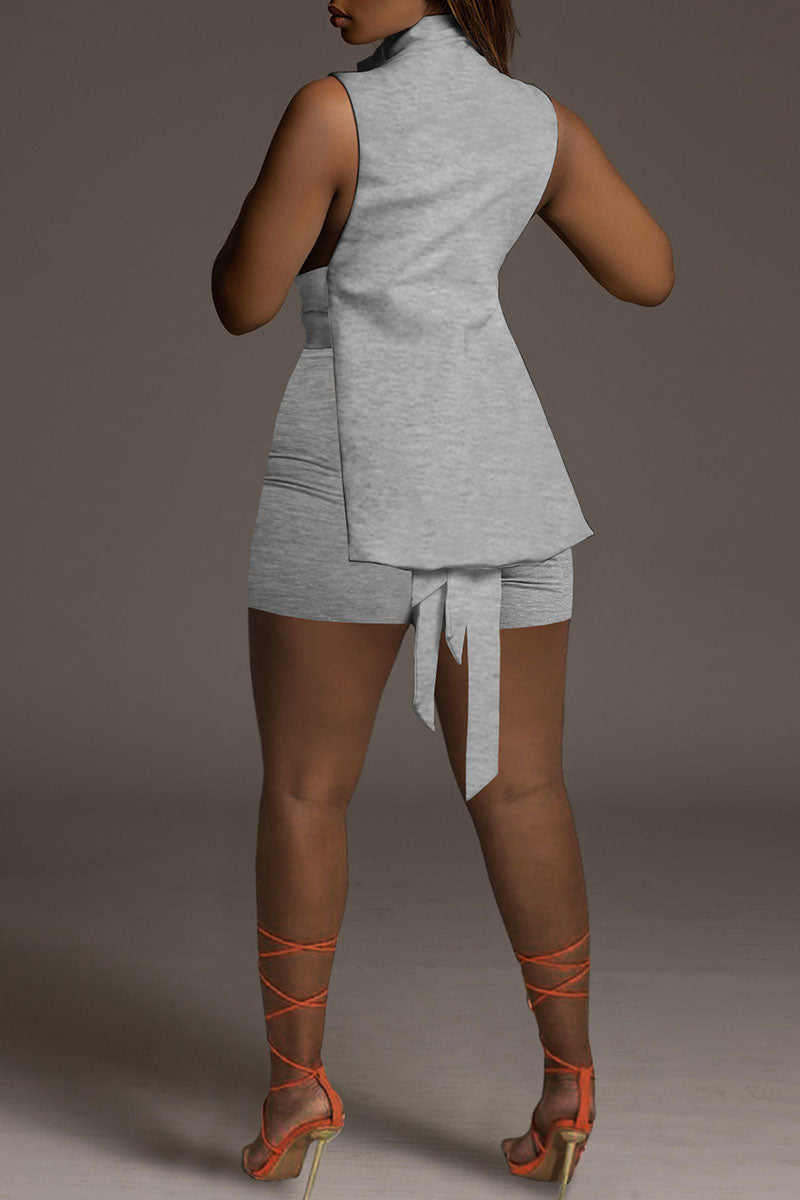 Sexy Solid Bandage Hollowed Out Split Joint Asymmetrical Turtleneck Sleeveless Two Pieces