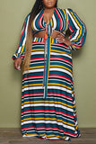 Casual Striped Print Bandage Split Joint V Neck Straight Plus Size Two Pieces