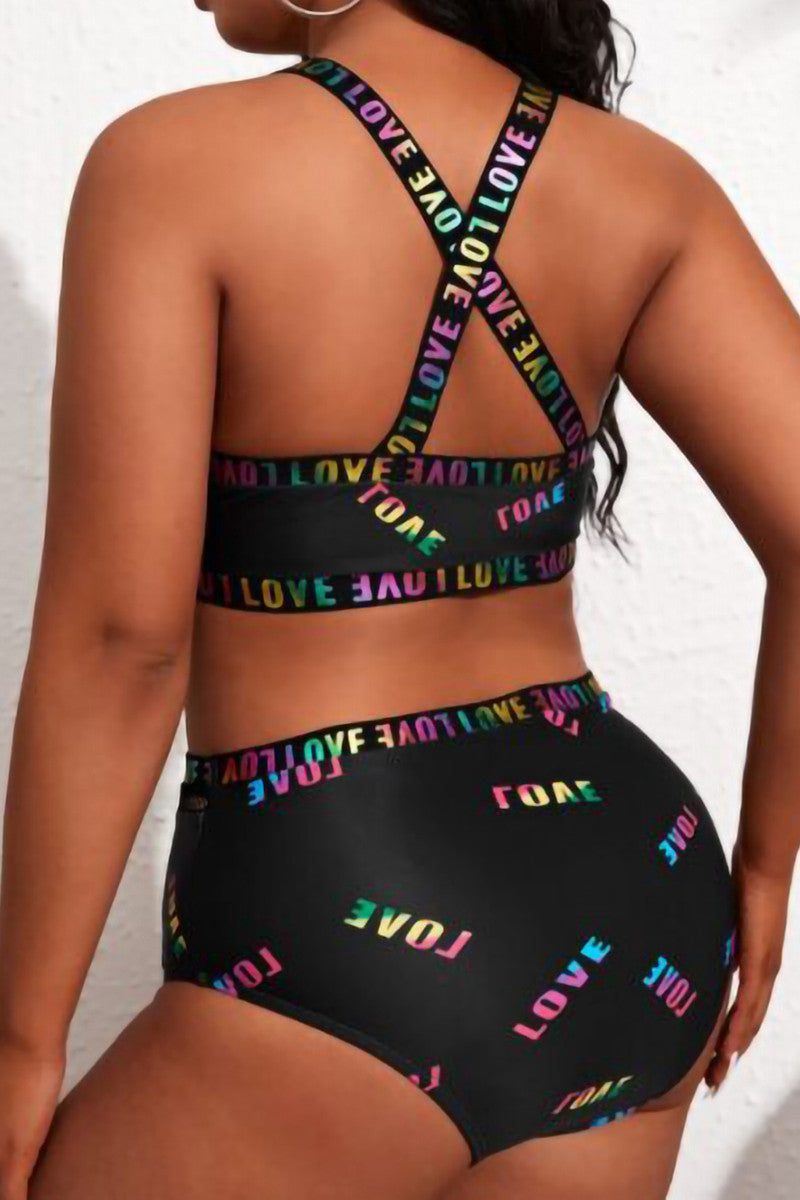 Fashion Sexy Letter Print Split Joint Backless U Neck Plus Size Swimwear