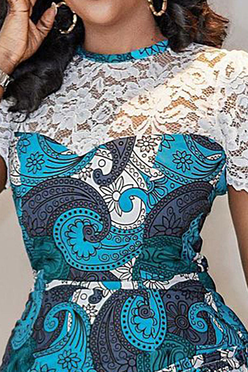 Elegant Print Split Joint See-through O Neck One Step Skirt Dresses