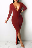 Sexy Casual Solid Backless Slit V Neck Long Sleeve Dresses