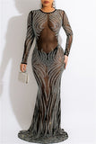 Fashion Sexy Patchwork Hot Drilling See-through O Neck Evening Dress