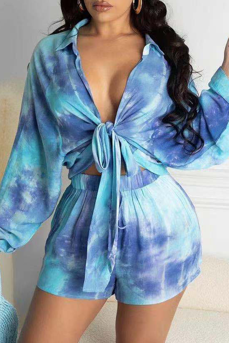 Casual Patchwork Tie-dye Turndown Collar Two Pieces