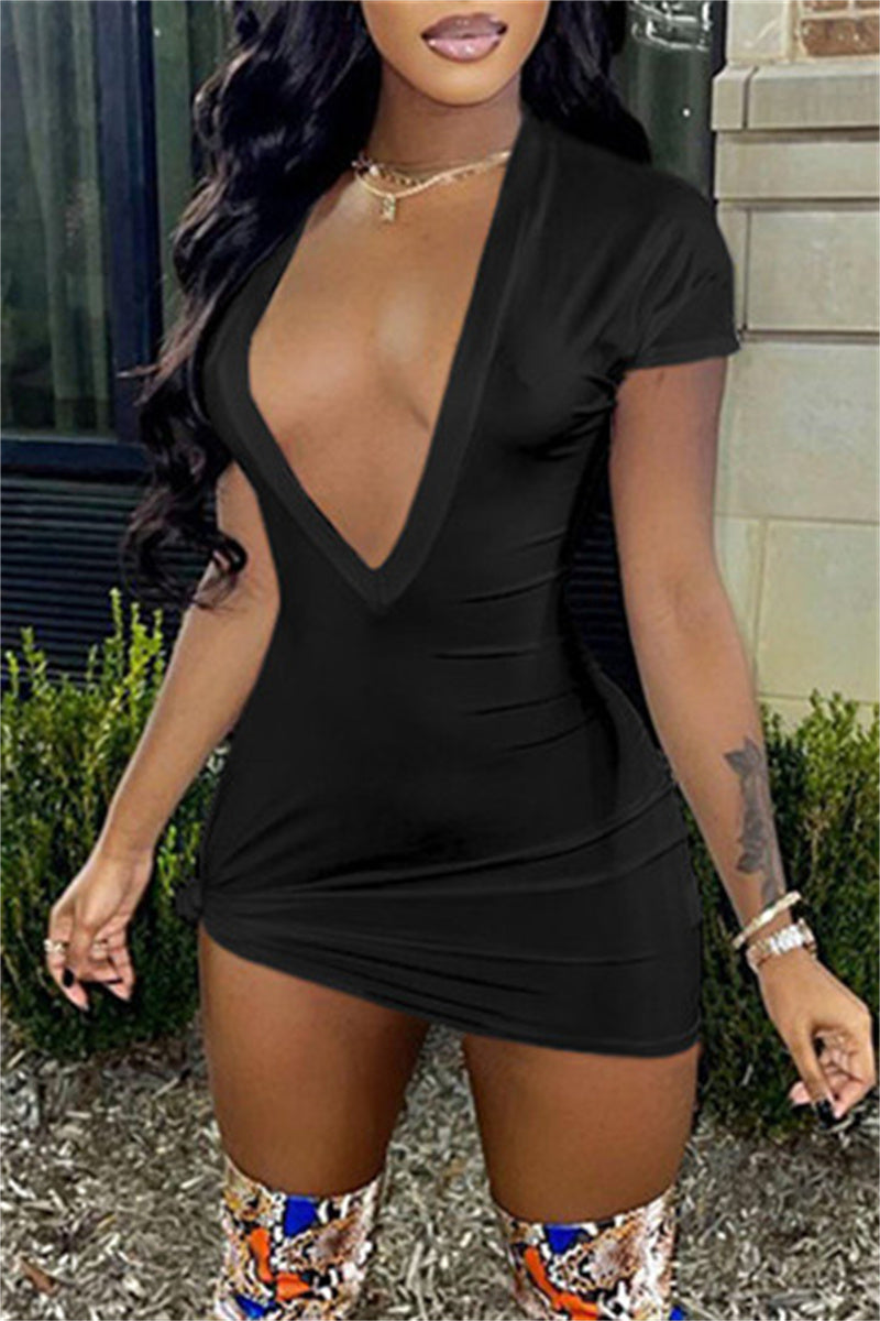 Sexy Casual Solid Basic V Neck Short Sleeve Dress Dresses