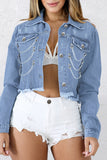 Casual Solid Patchwork Buttons Chains Turndown Collar Long Sleeve Regular Denim Jacket