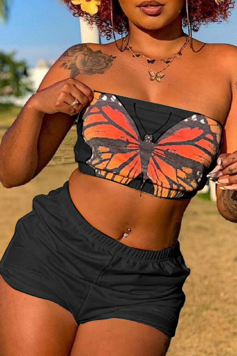 Sexy Butterfly Print Split Joint Strapless Sleeveless Two Pieces