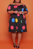 Casual Print Polka Dot Split Joint Off the Shoulder Straight Plus Size Dresses