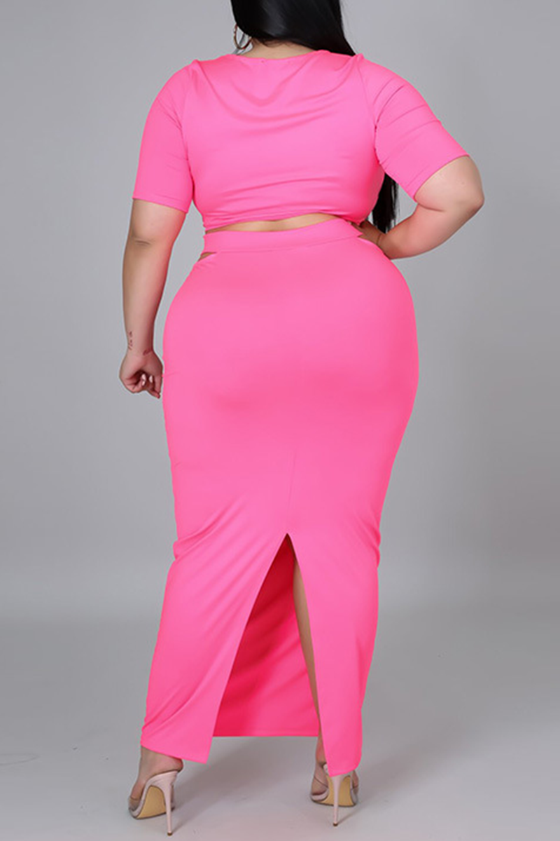 Sexy Solid Split Joint O Neck Pencil Skirt Plus Size Two Pieces