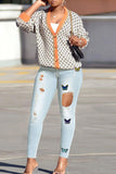 Fashion Casual Butterfly Print Ripped High Waist Skinny Denim Jeans