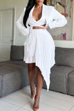 Fashion Patchwork Solid Bandage Asymmetrical V Neck Long Sleeve Two Pieces