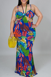 Sexy Print Hollowed Out Halter Trumpet Mermaid Plus Size Dresses