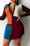 Casual Color Block Split Joint Turndown Collar Shirt Dress Dresses
