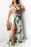 Fashion Sexy Print Bandage Backless Slit Off the Shoulder Short Sleeve Two Pieces