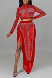 Sexy Solid Tassel Split Joint See-through Asymmetrical Hot Drill Half A Turtleneck Long Sleeve Two Pieces