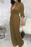 Casual Solid Bandage Split Joint Buckle Turndown Collar Straight Jumpsuits