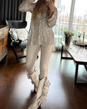 Allover Sequin Buttoned Long Sleeve Top