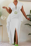 Elegant Solid Split Joint Flounce Slit Asymmetrical V Neck One Step Skirt Dresses