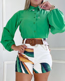 Buttoned Top & Tropical Print Belted Shorts Set