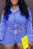 Casual Striped Split Joint Turndown Collar Long Sleeve Two Pieces
