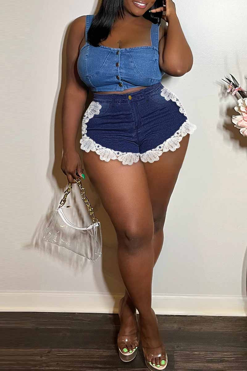 Fashion Casual Solid Lace Split Joint High Waist Conventional Patchwork Plus Size Denim Shorts