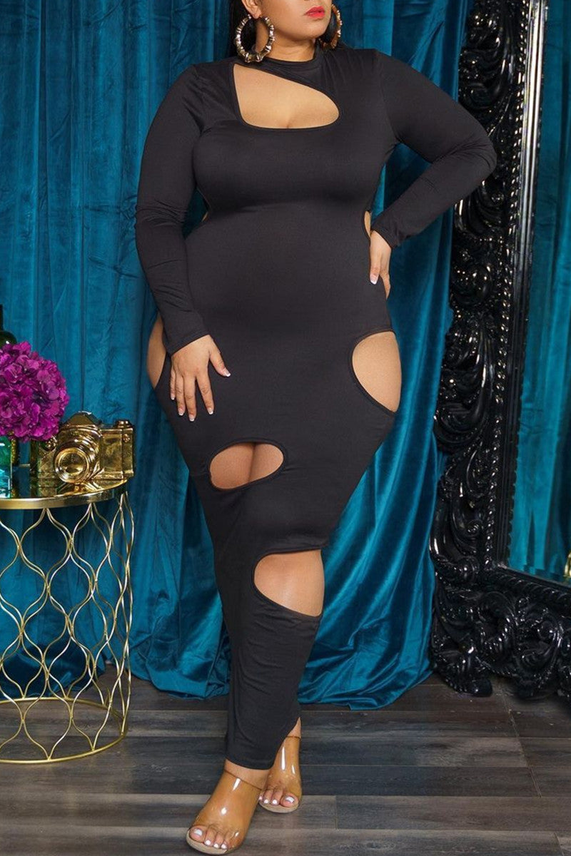Fashion Sexy Solid Hollowed Out O Neck Long Sleeve Plus Size Dresses