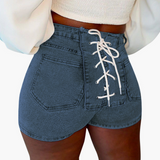 Sexy Solid Draw String Mid Waist Skinny Denim Shorts