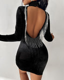 Velvet Rhinestone Tassel Design Backless Party Dress