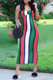 Fashion Sexy Striped Print Backless Spaghetti Strap Long Dress
