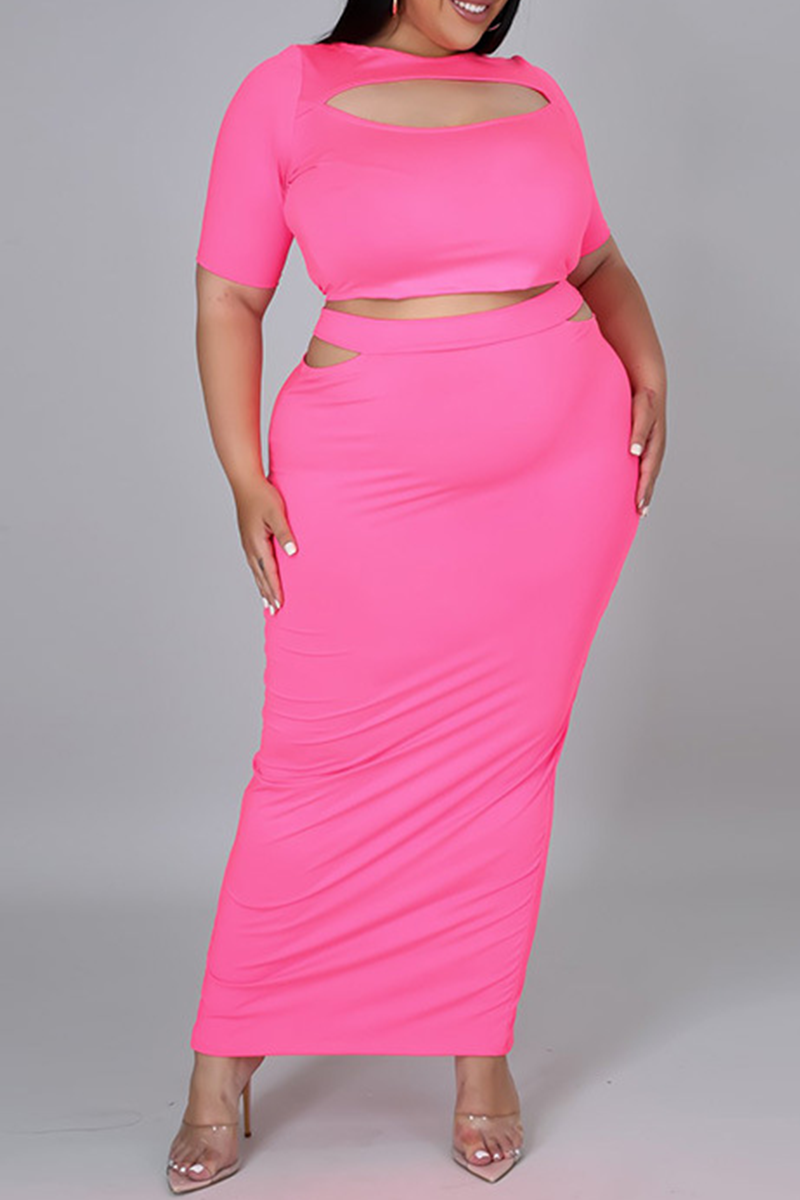 Sexy Solid Split Joint O Neck Pencil Skirt Plus Size Two Pieces