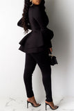 Fashion Casual Solid Split Joint Flounce Turndown Collar Long Sleeve Two Pieces