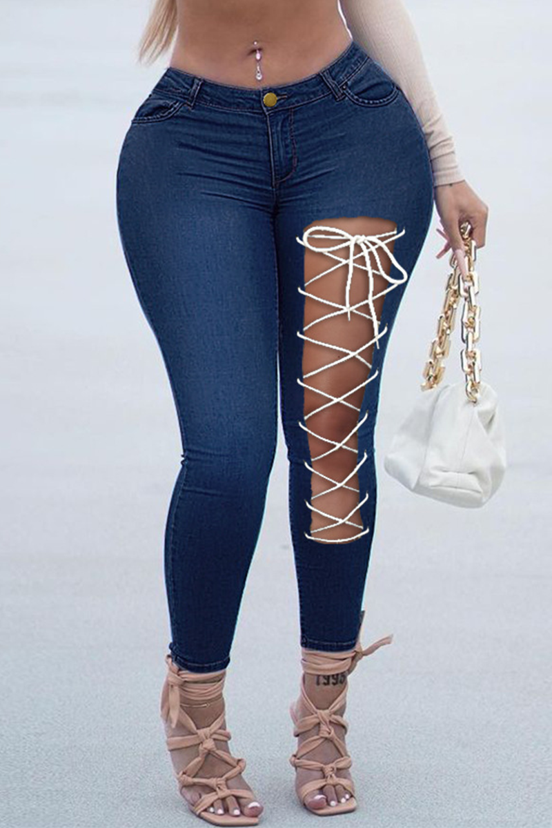 Sexy Solid Hollowed Out Draw String Plus Size Jeans