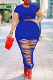 Sexy Solid Ripped O Neck Straight Plus Size Dresses
