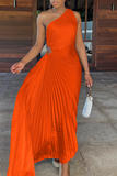 Elegant Solid Hollowed Out Fold Reflective Oblique Collar Irregular Dress Dresses