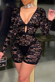 Sexy Solid Lace Hollowed Out Fold V Neck Regular Jumpsuits