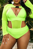 Sexy Solid Hollowed Out Patchwork O Neck Plus Size Swimwear Set (With Paddings)