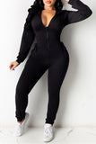 Fashion Casual Solid Bandage Zipper Hooded Collar Skinny Jumpsuits