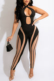 Sexy Print Hollowed Out Split Joint Halter Skinny Jumpsuits