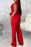 Casual Solid Patchwork One Shoulder Boot Cut Jumpsuits