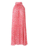Pink Ditsy Floral Print Halter Pleated Casual Dress