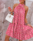 Pink Ditsy Floral Print Halter Pleated Casual Dress